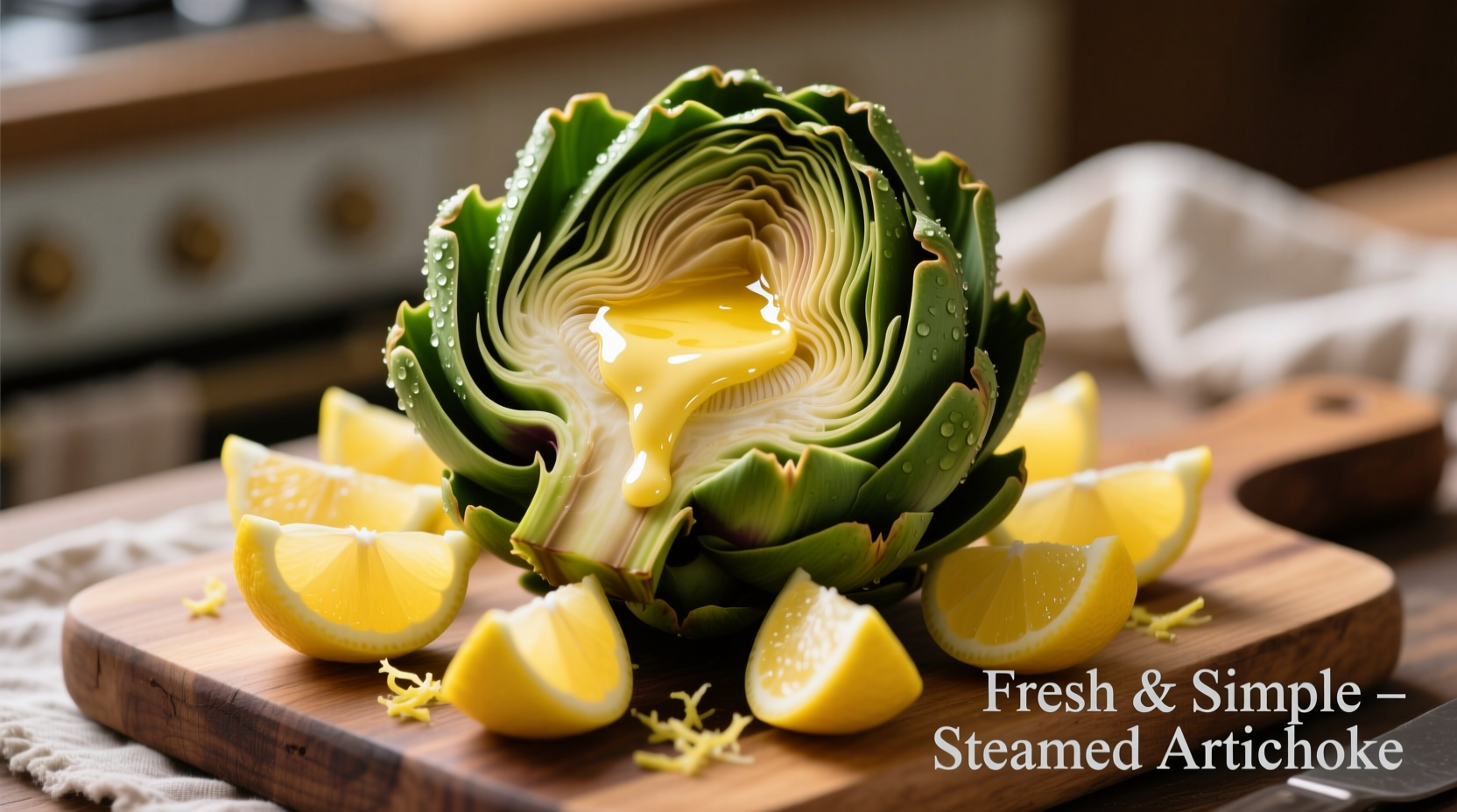 Steamed artichoke with lemon wedges and melted butter