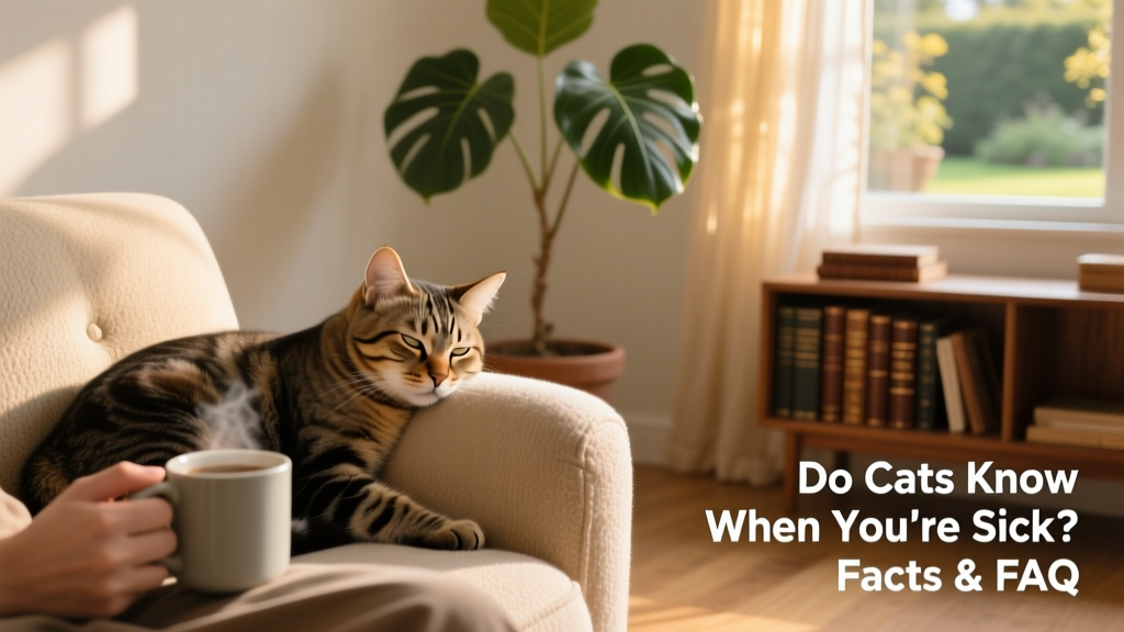 A calm cat gently resting its head on a person’s arm while they sit on the couch, looking unwell but comforted