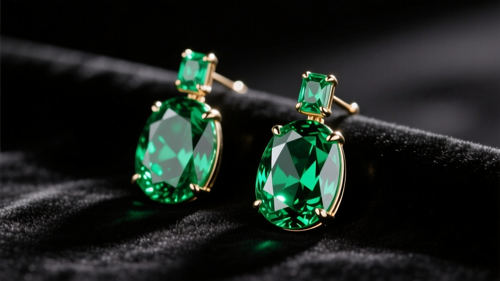 Close-up of Princess of Wales emerald drop earrings on black velvet, showing vivid green inclusions under warm studio light