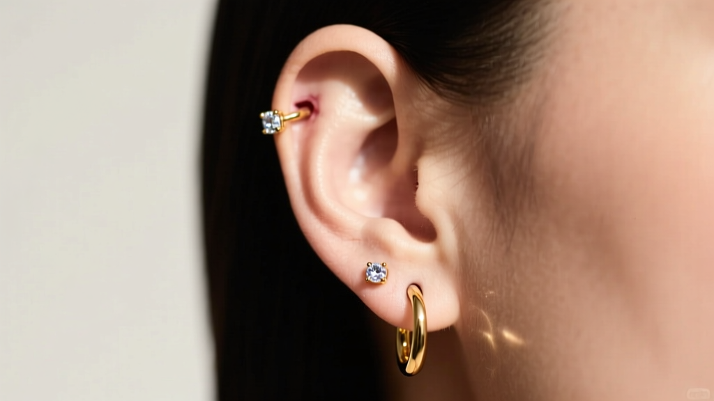 Side profile of an ear displaying healed cartilage piercings with gold hoops and gem studs, bathed in soft, natural light.