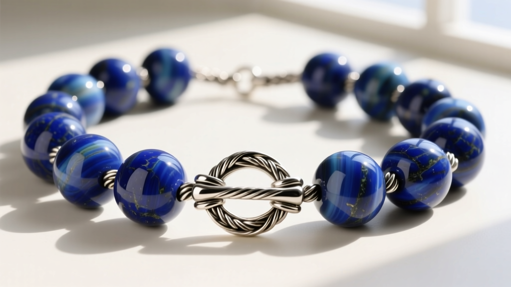 Macro shot of a chunky beaded necklace with large lapis spheres on braided steel wire, highlighting a heavy silver toggle clasp.