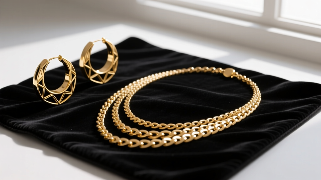Flat lay of gold costume jewelry pieces including chunky hoop earrings and a chain necklace resting on a dark velvet cleaning mat