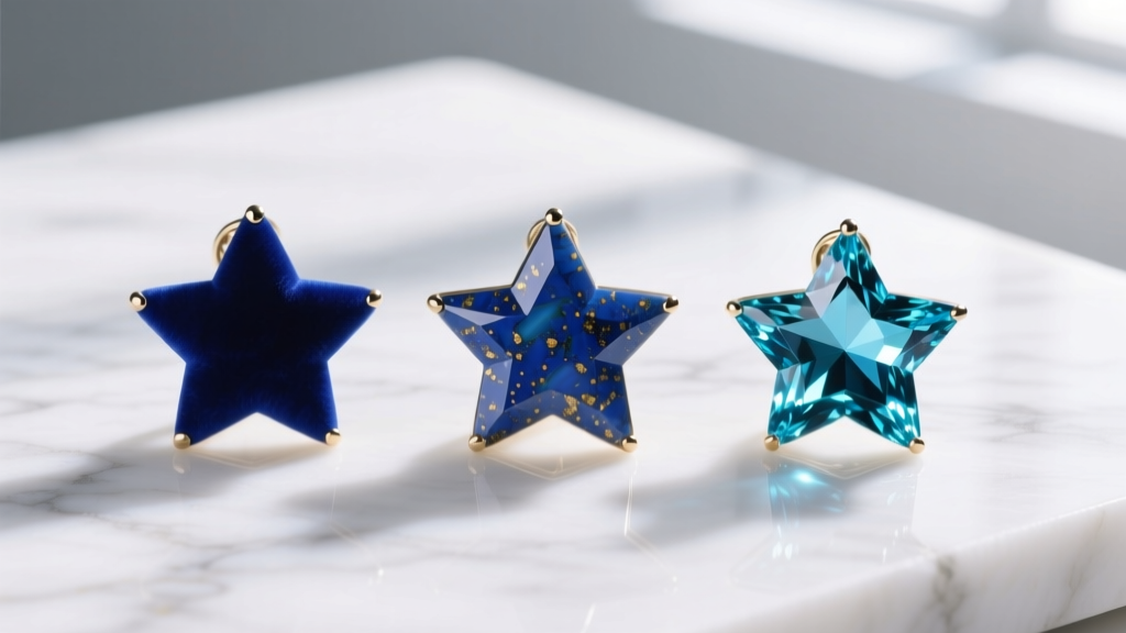 Macro shot comparing three blue star pendants: deep sapphire, flecked lapis, and bright topaz on white marble, in sharp focus.