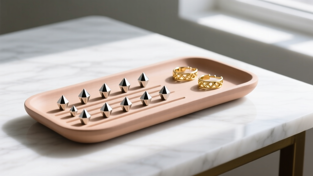 Clay tray with narrow grooves holding 16-gauge titanium flatback labrets and small gold ear cuffs on a bright white marble desk.