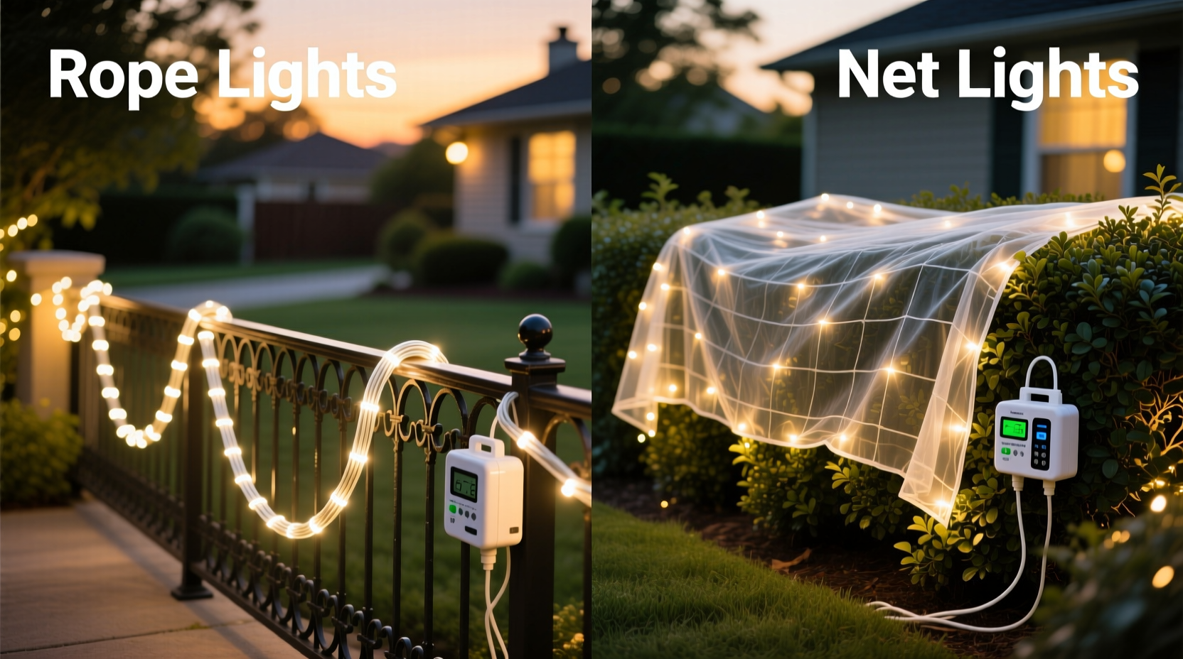 led rope lights vs net lights for covering bushes and railings efficiently