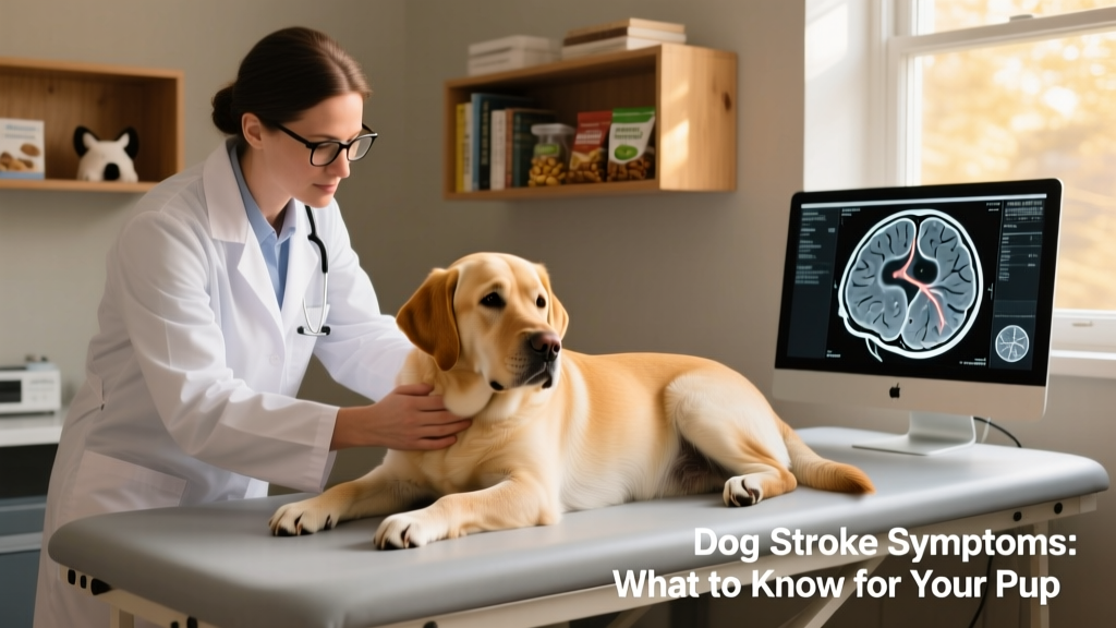Veterinarian gently examining a relaxed dog while reviewing MRI images on a nearby screen