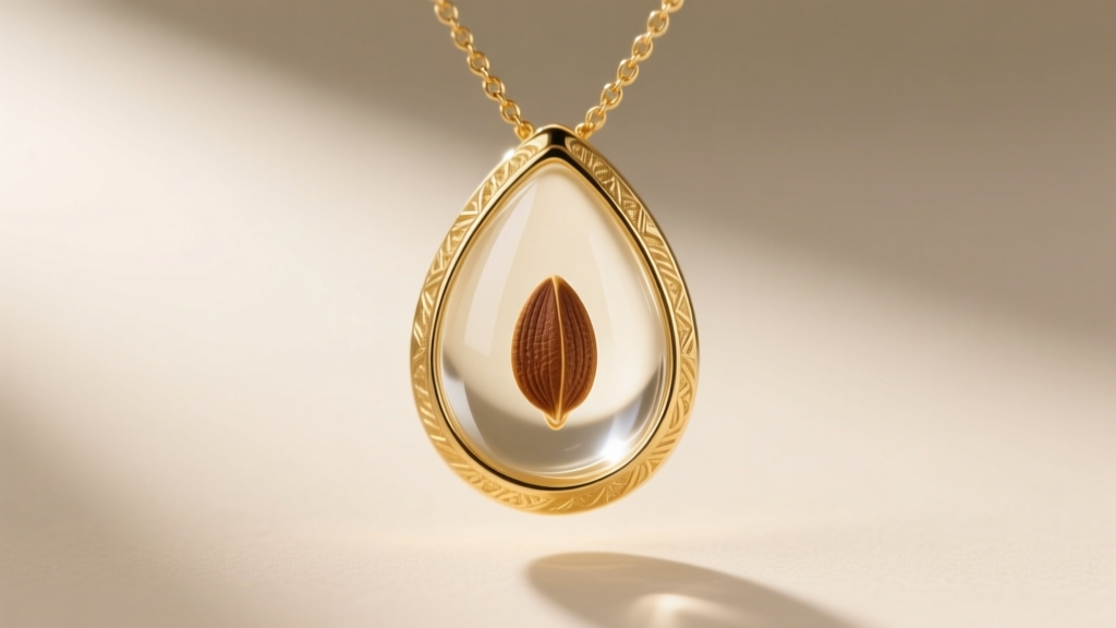 Close-up of a delicate gold vermeil necklace featuring a tiny brown mustard seed suspended in clear teardrop-shaped epoxy resin.