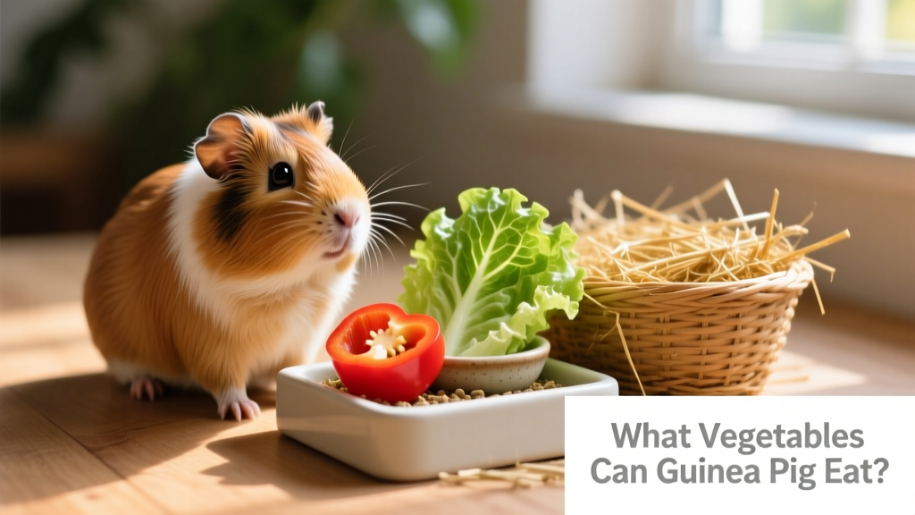 A healthy guinea pig sitting beside a small, clean feeding station with fresh romaine lettuce, a bell pepper slice, and a bowl of timothy hay