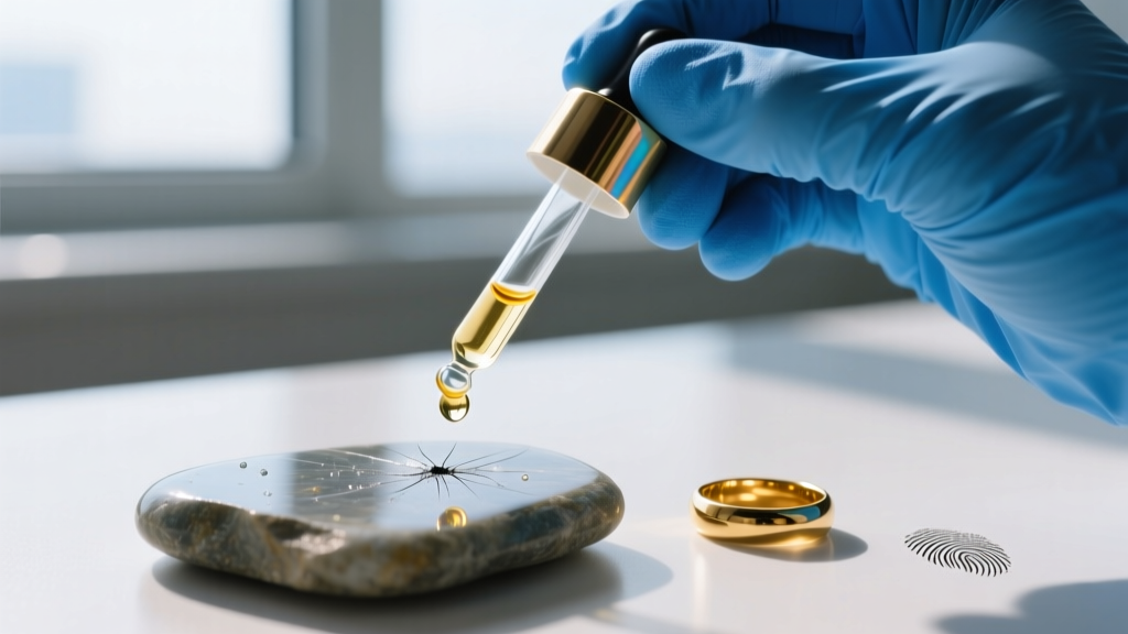 Blue nitrile gloves using a glass dropper to apply nitric acid to a scratch mark on a testing stone next to a gold ring.