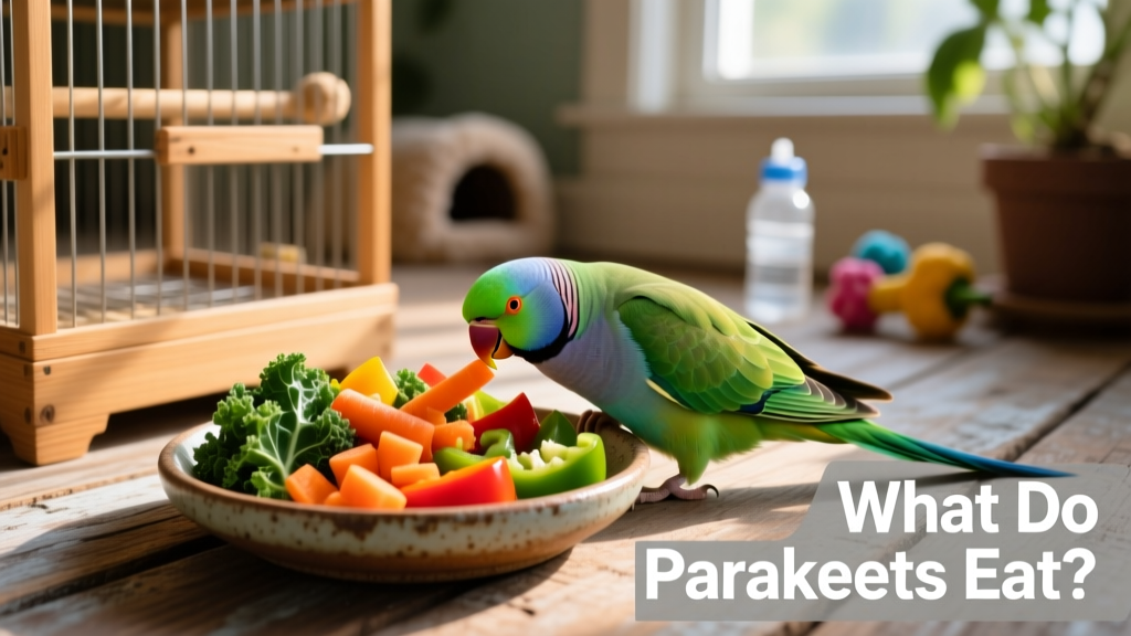 A parakeet nibbling on a mix of chopped carrots, kale, and bell pepper placed in a low dish at the base of its cage