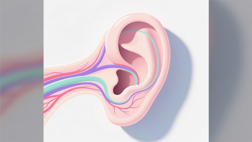 Vector illustration of ear cartilage anatomy highlighting the helix, showing blood flow in pastel tones on a plain white backdrop