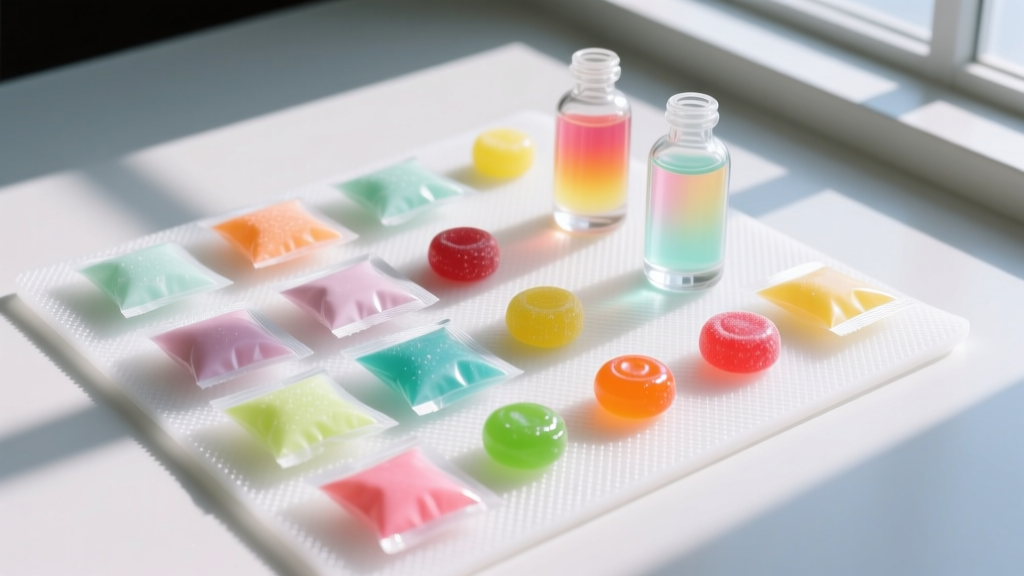 Top-down view of silica gel packets, colorful hard candies, and clear resin bottles arranged neatly on a clean white silicone mat.