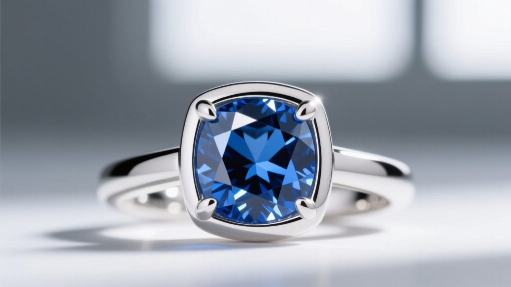 Macro shot of an Argentium silver bezel setting holding a lab-grown blue sapphire, highlighting the bright white metal finish