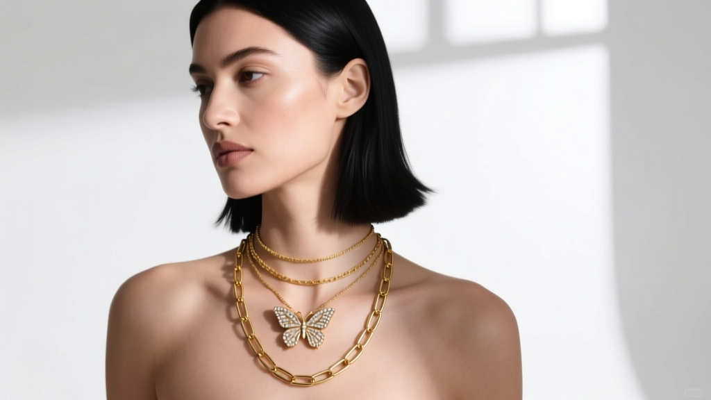 Woman wearing a layered necklace stack with a 16-inch choker, an 18-inch butterfly pendant, and a 20-inch gold paperclip chain.