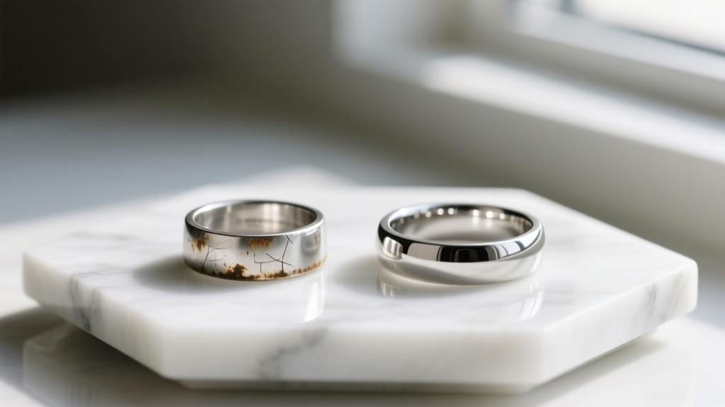 Side-by-side of a tarnished silver ring and pristine stainless steel band on a white marble jewelry display tray under soft light.