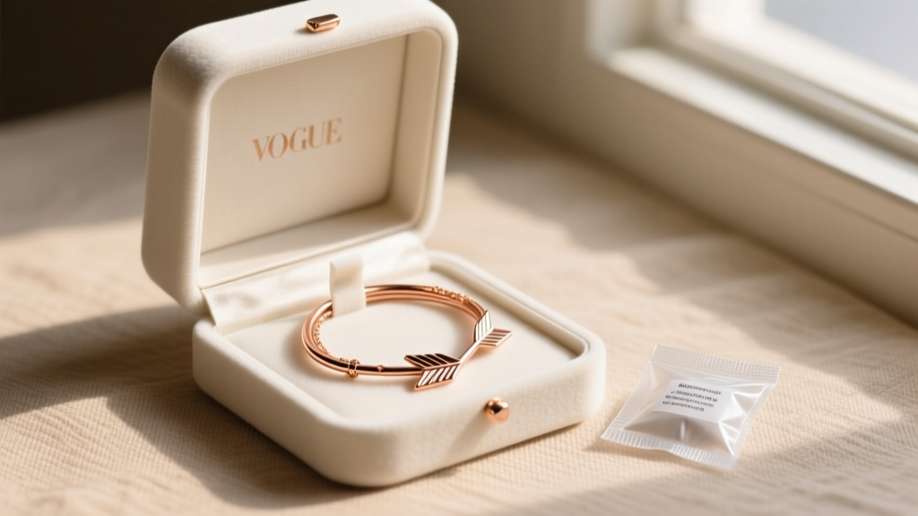 Open anti-tarnish velvet jewelry box containing a neatly coiled rose gold stand arrow necklace, with a silica gel packet nearby.