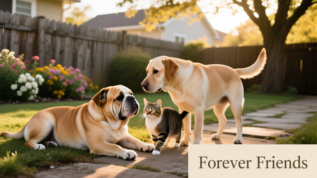 English Bulldog and Labrador Are Sweetest Buddies to Neighborhood Cat