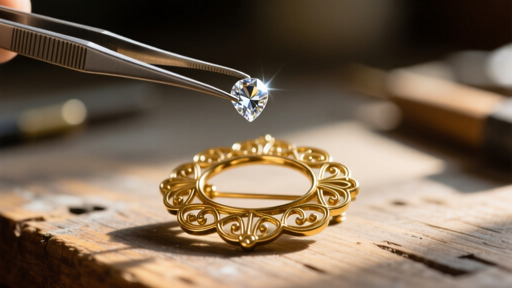 Tweezers holding a tiny crystal rhinestone above a vintage gold-plated brass brooch on a softly lit wooden workbench surface.