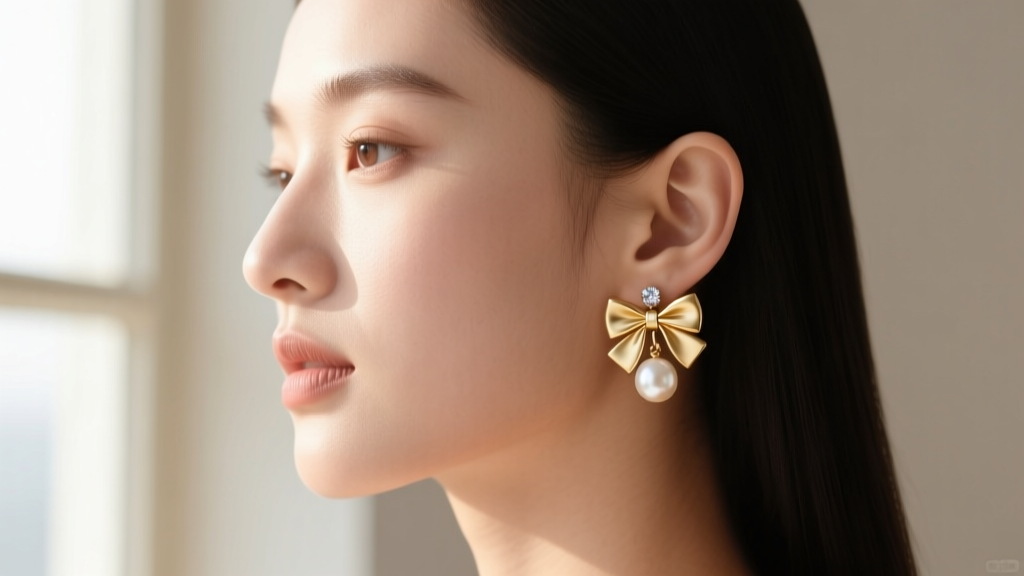 Side profile of a model wearing delicate gold bow pearl drop earrings on the lower lobe, with a tiny diamond stud on the upper ear