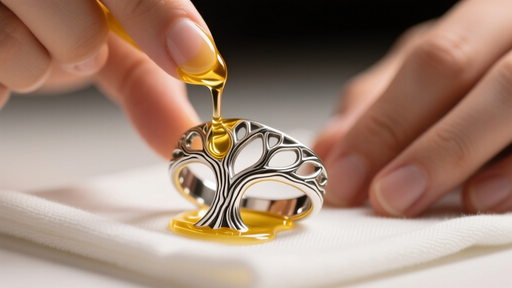 Hands applying conditioning oil to a carved silver tree ring band resting on a microfiber cloth under warm, soft studio lighting.