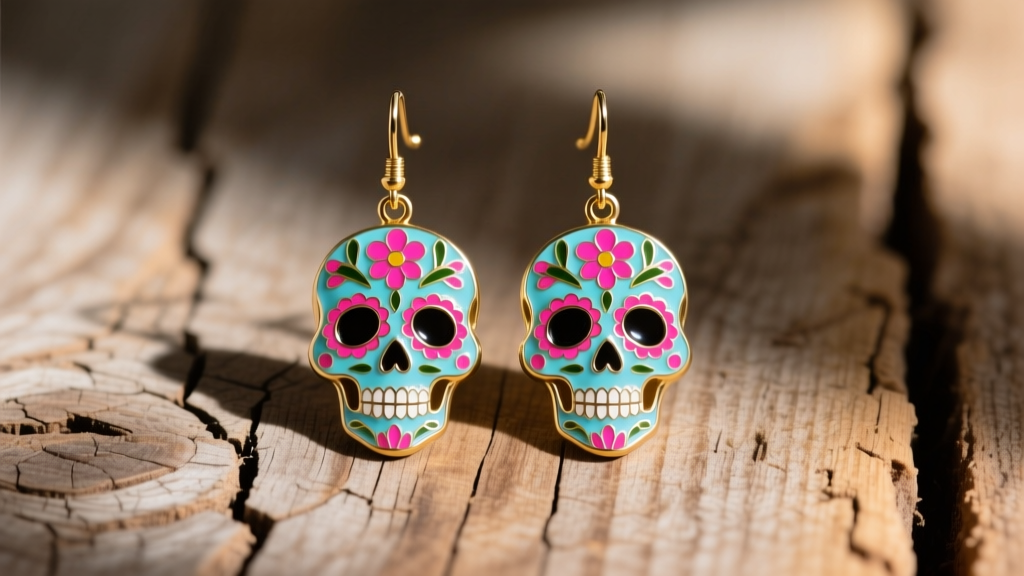Vibrant cold-enamel sugar skull drop earrings with brass base, floral painted eyes and bright pink cheeks, flat lay on rustic wood