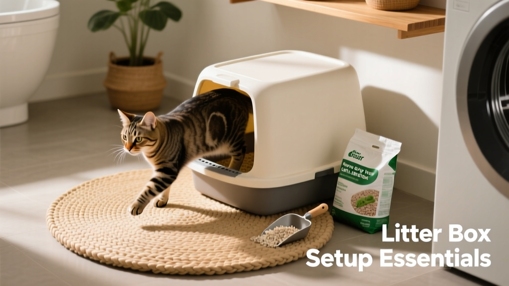 Top-down view of a cat stepping out of a covered litter box, with a textured mat placed neatly beside it