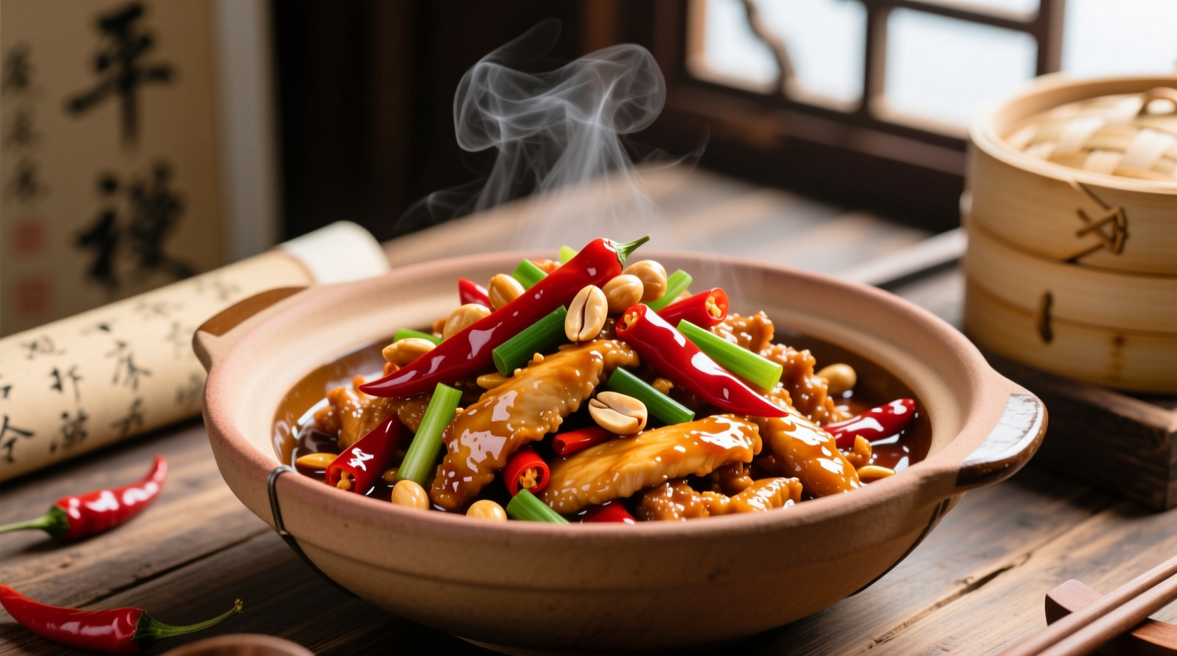 Authentic kung pao chicken with visible chili peppers and peanuts