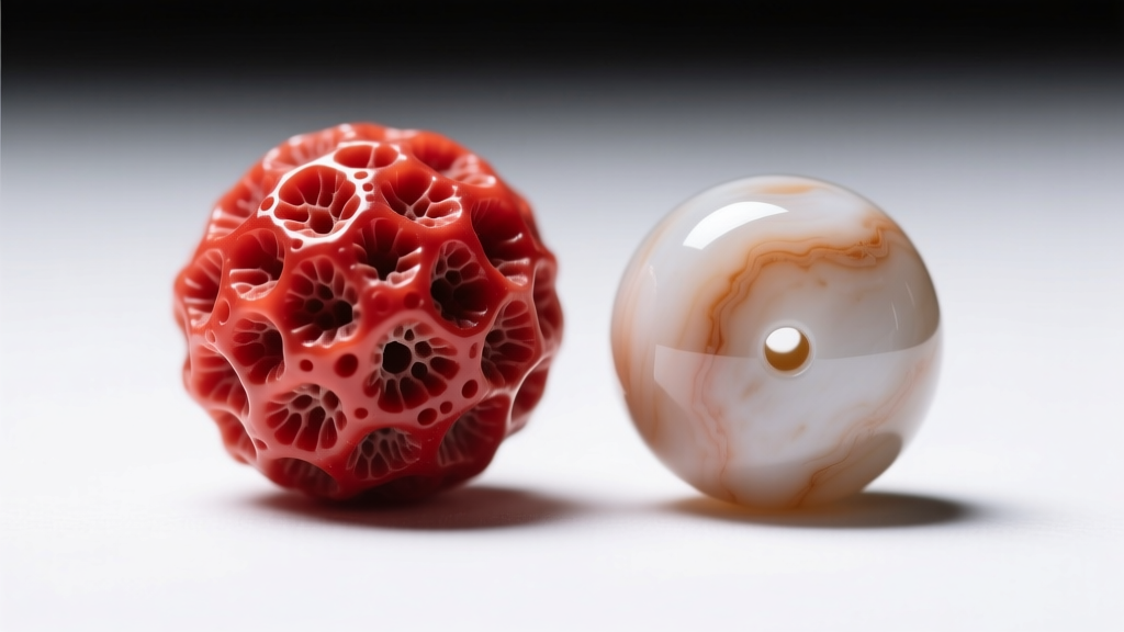 Macro view comparing the natural porous texture of genuine red coral next to the smooth surface of a dyed howlite imitation bead.