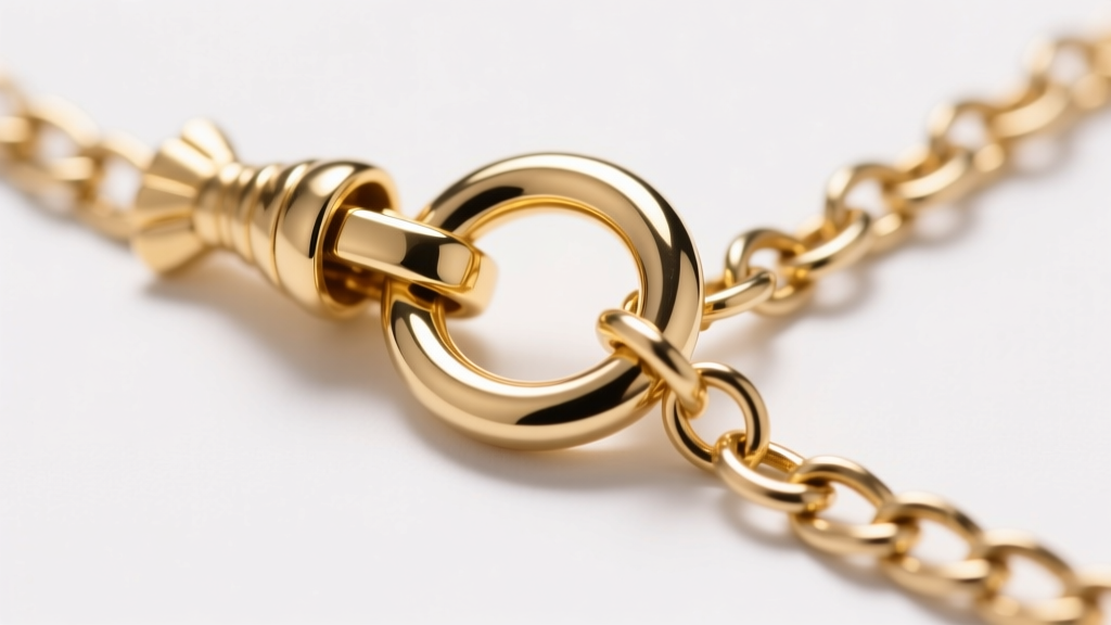Close-up of a 14k gold-filled lobster clasp attached to a soldered jump ring on a 1.5mm curb chain under soft studio lighting.