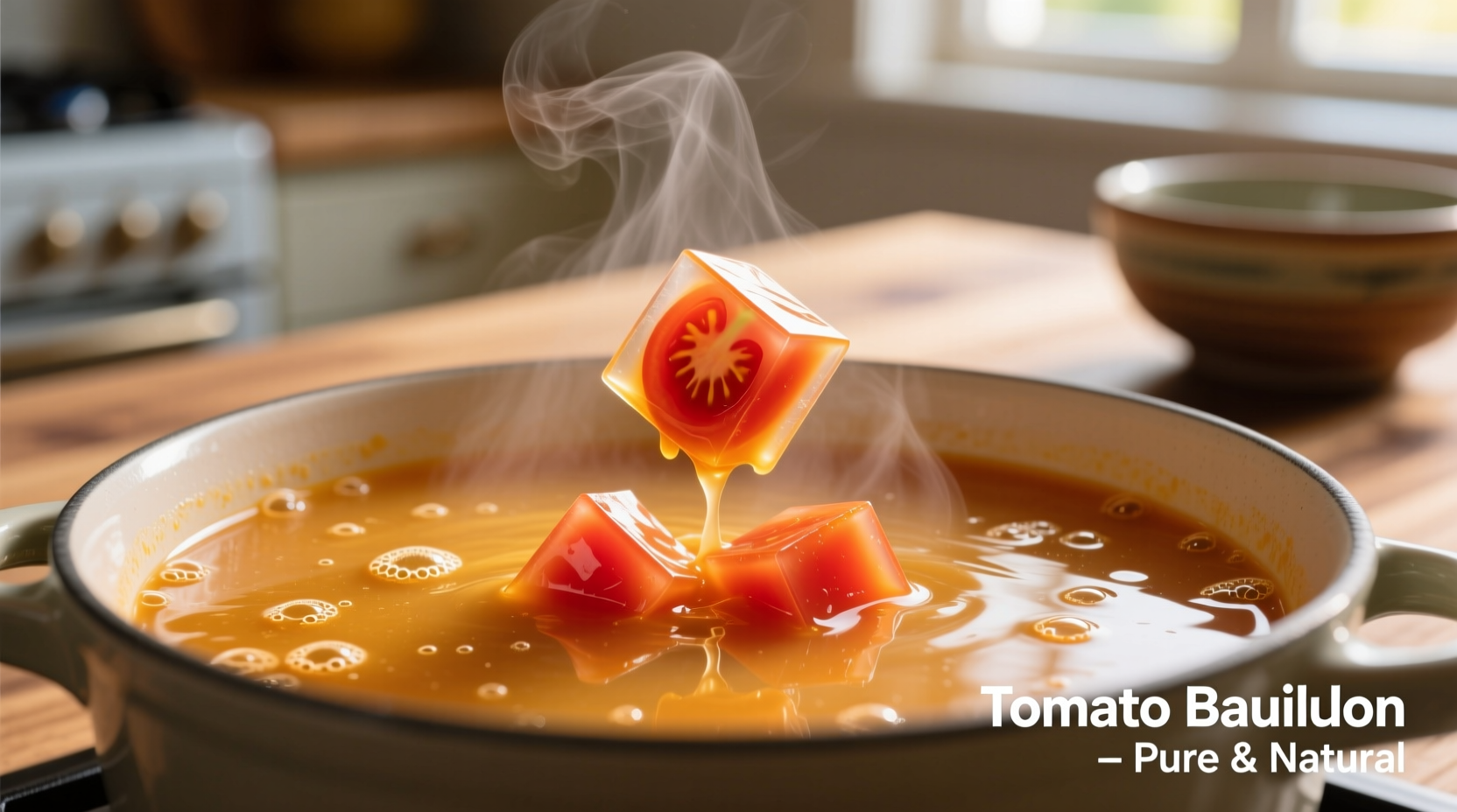 Tomato bouillon cubes dissolving in broth