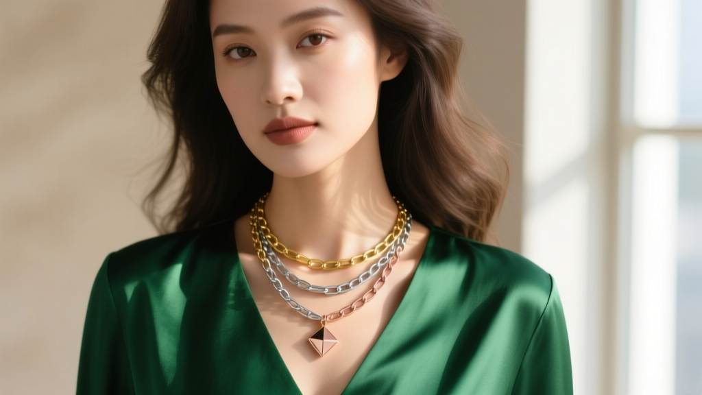 Close-up of a woman wearing the Campbell layering necklace over an emerald V-neck blouse, mixed metal chains catching warm light.