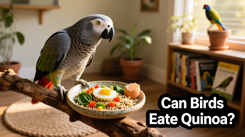 African Grey parrot perched near a small ceramic dish containing quinoa breakfast scramble with visible bits of egg, vegetables, and crushed eggshell