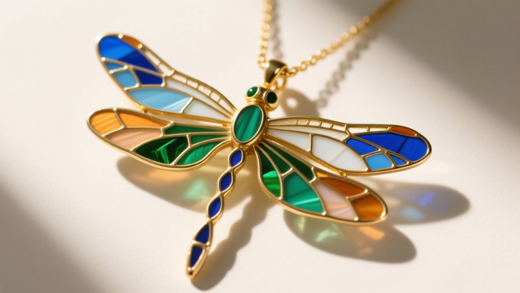 Close-up of an Art Nouveau plique-à-jour enamel dragonfly pendant showing translucent wings and fine gold wire framework.