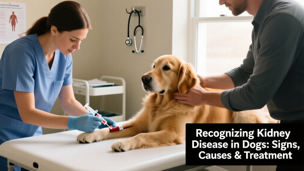 Veterinary technician drawing blood from a calm dog while another holds its head gently