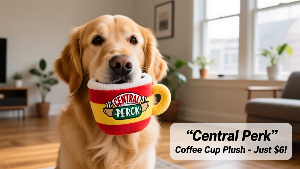 A golden retriever gently holding a soft, multicolor Central Perk coffee cup plush toy in its mouth