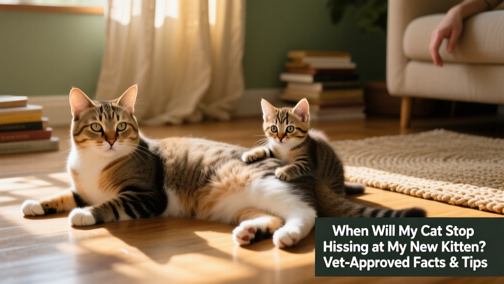 A person gently petting an adult cat while a curious kitten watches from a few feet away, both relaxed and unafraid