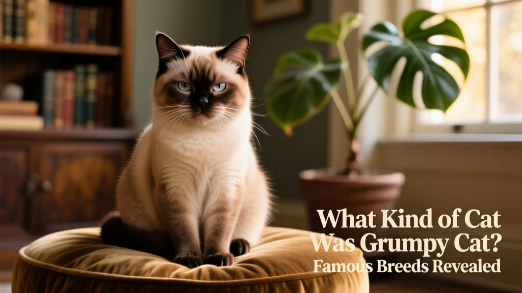 Grumpy Cat posing with her signature grumpy expression, sitting on a soft surface with front paws tucked neatly