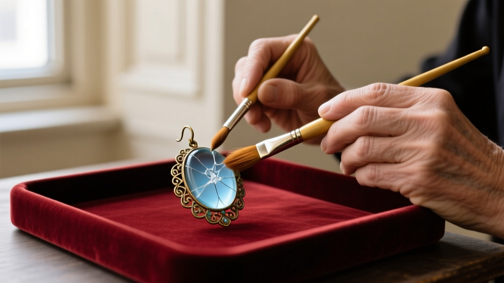 Jeweler using a dry sable brush to clean a crizzled ancient glass earring on a velvet tray, avoiding moisture and chemicals