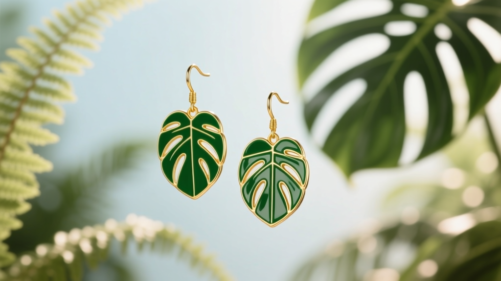 Green enamel monstera drop earrings with gold borders, hanging against a blurred botanical background in bright natural sunlight.