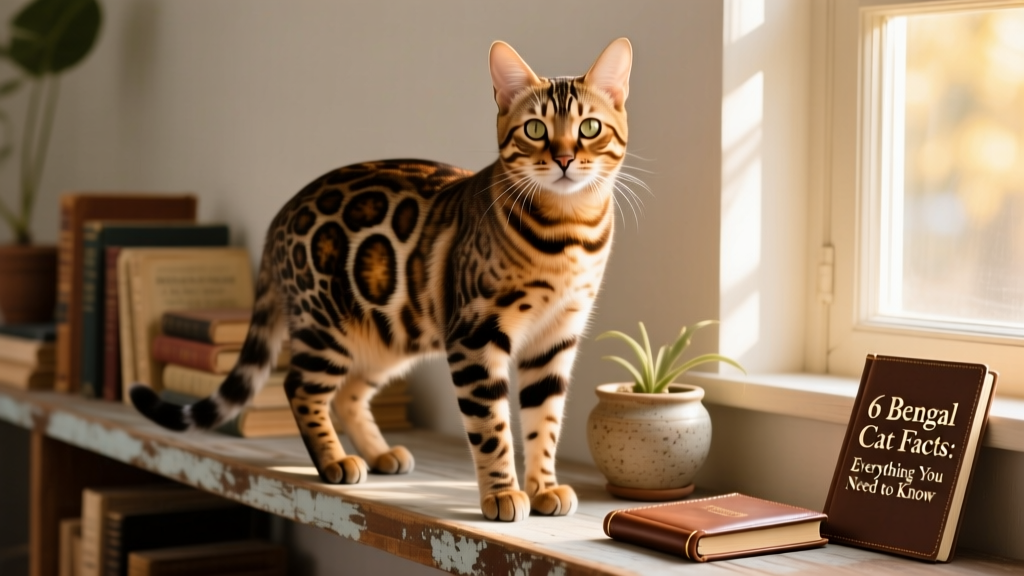 A front-facing portrait of a Bengal cat standing confidently beside a wooden shelf, showcasing its strong posture and vivid coat pattern