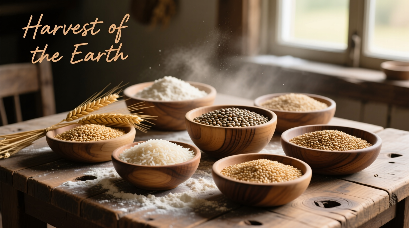 Various food grains in wooden bowls on rustic table