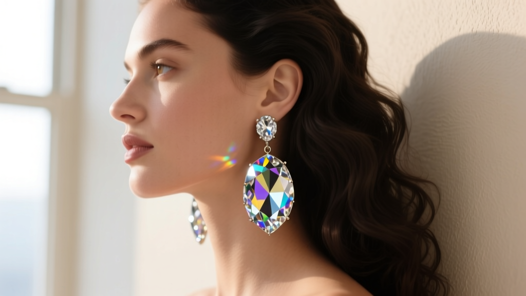 Side profile of a model wearing large True Religion crystal drop earrings, showcasing light reflection on faceted glass stones