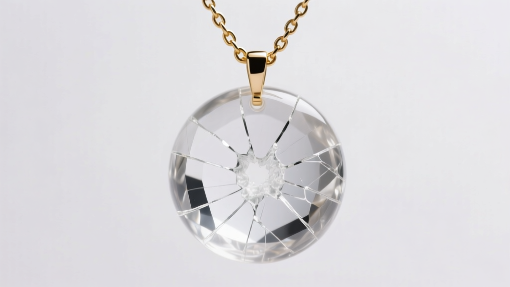 Close-up of a shattered clear quartz crystal pendant encased in clear epoxy resin, hanging from a delicate 18-inch gold chain.