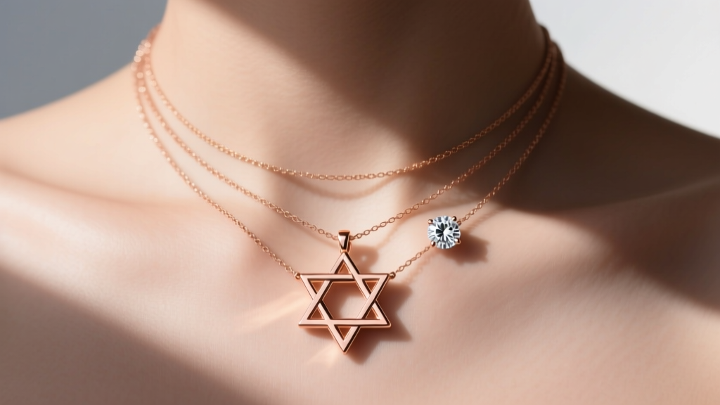Layered necklace stack featuring a 15mm rose gold merkaba pendant paired with a delicate diamond solitaire on a collarbone