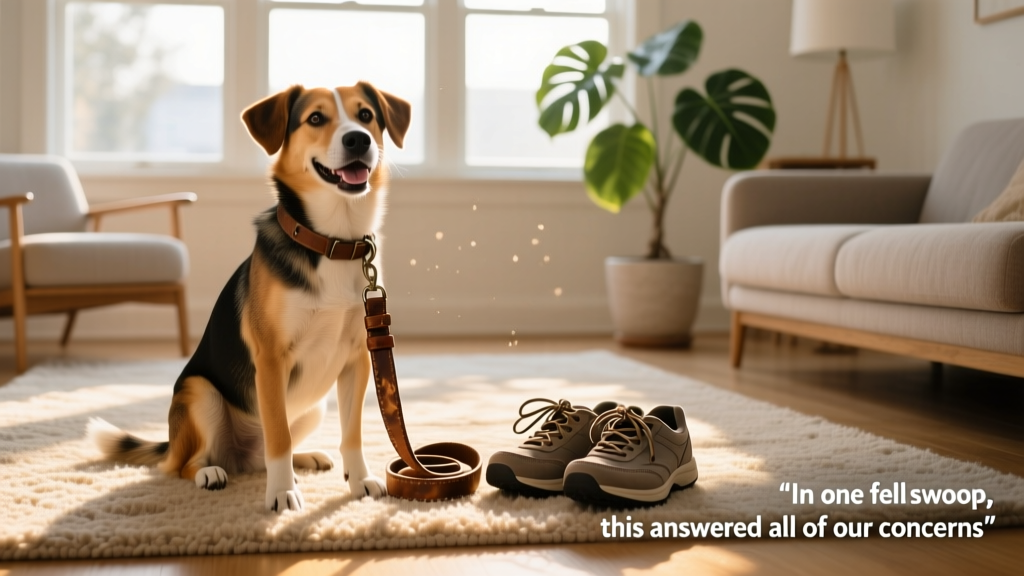 Hero, a happy medium-sized dog, sitting on a sunlit living room rug beside a pair of walking shoes and a leash