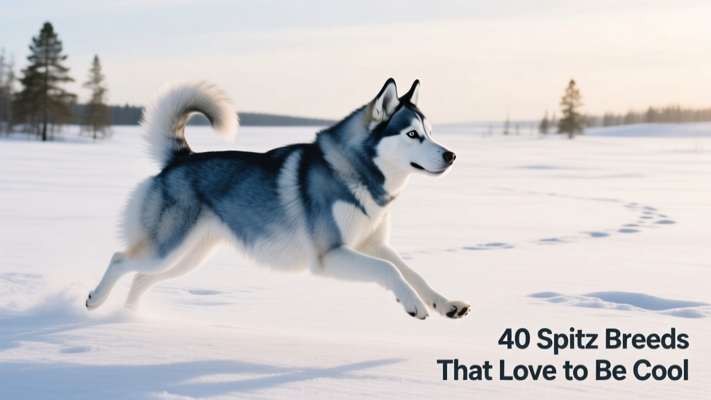 A Siberian Husky running confidently across snow-covered terrain, head held high and tail curled