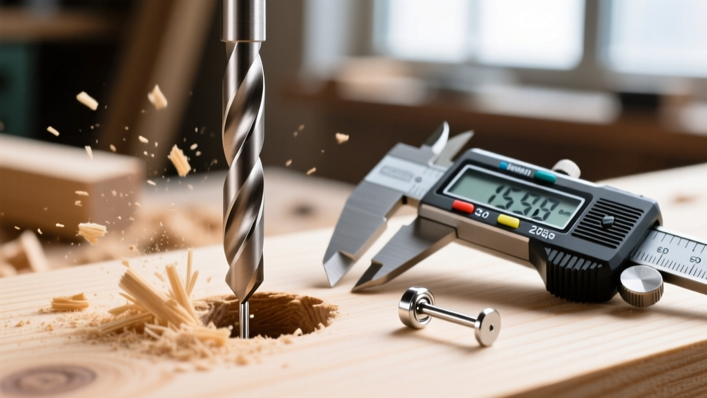 Close-up of a 1.5mm drill bit making a hole in sanded wood, with digital calipers and a 20-gauge silver earring post nearby.