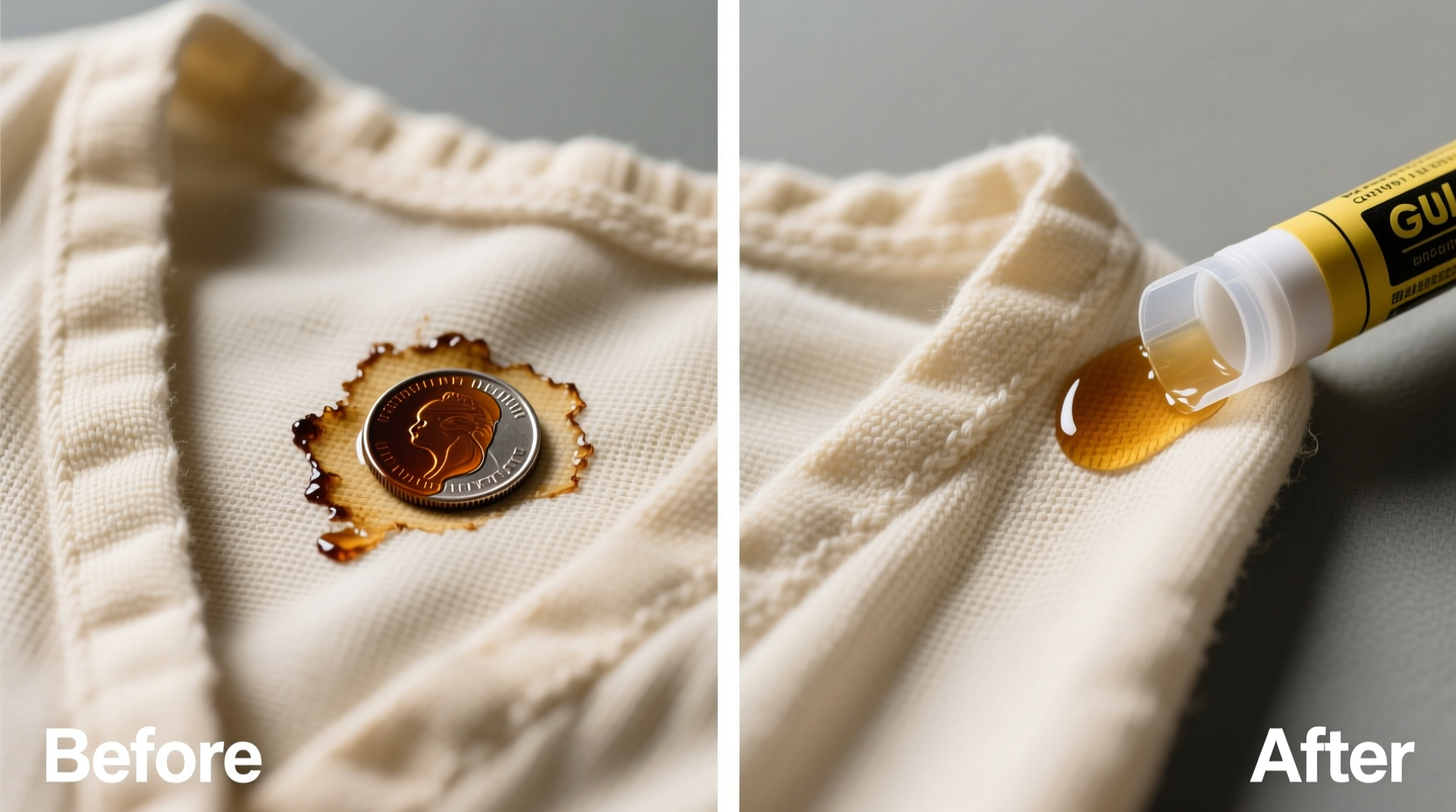 Close-up photo showing a cotton-polyester art smock with a dime-sized dried glue stick stain before and after gentle alcohol application and plastic-edge lifting—residue cleanly lifted, no fiber damage or discoloration visible.