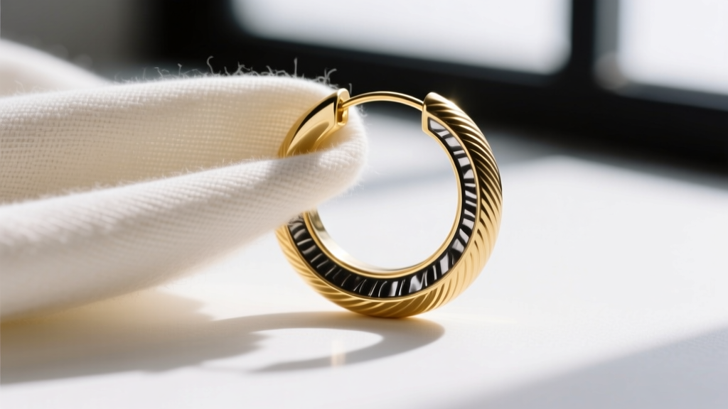 Soft cloth wiping the polished gold edge of a textured Tabra hoop earring, carefully avoiding the dark oxidized silver crevices.