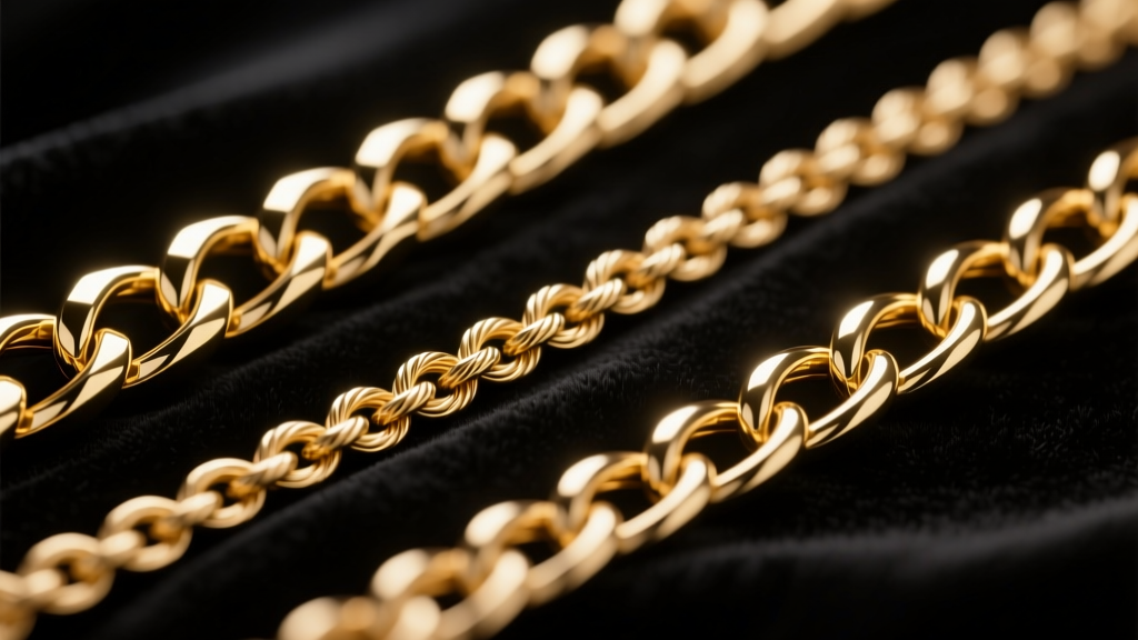 Macro shot of gold chain weaves on black velvet: thick figaro, delicate cable, and kinked box chain under bright studio light